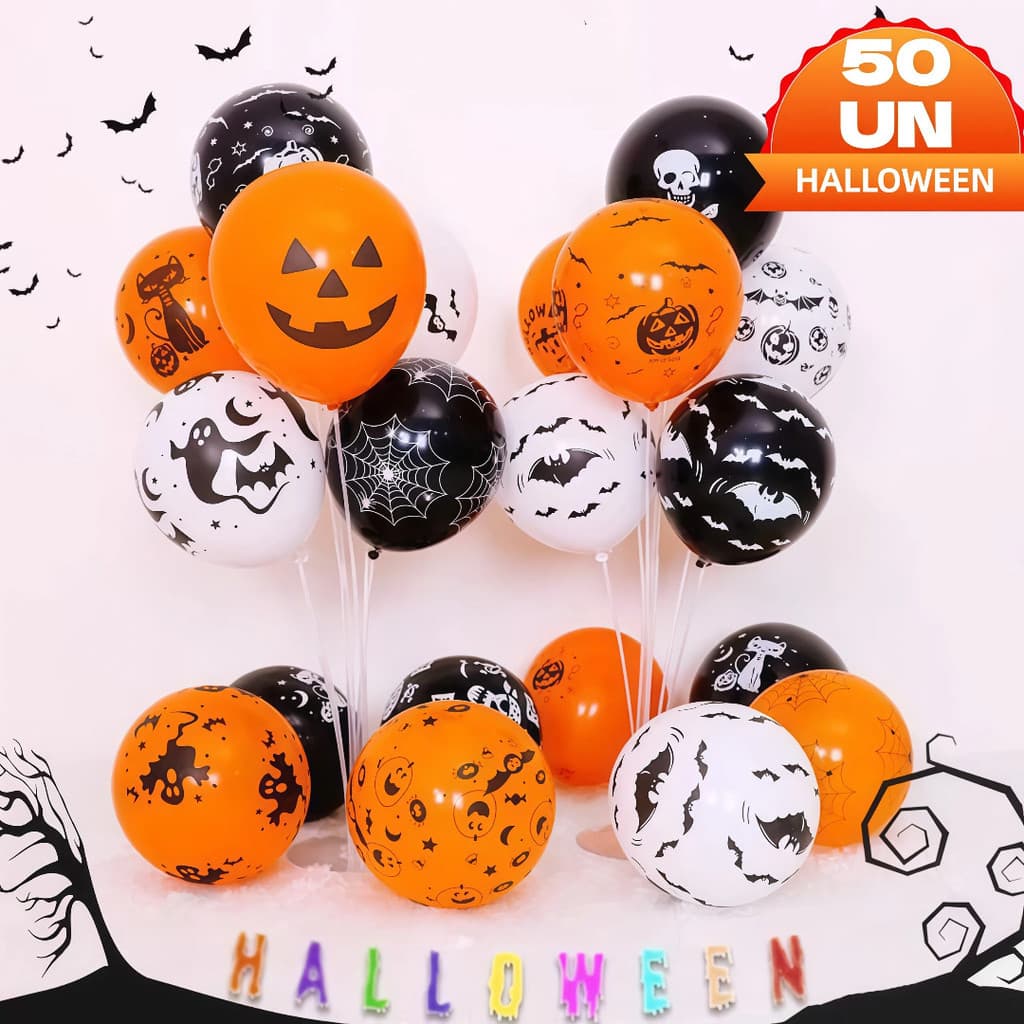 Kit C/ 50 Balão Bexiga Latex com Desenho Caveira Decoração de Halloween e Festas