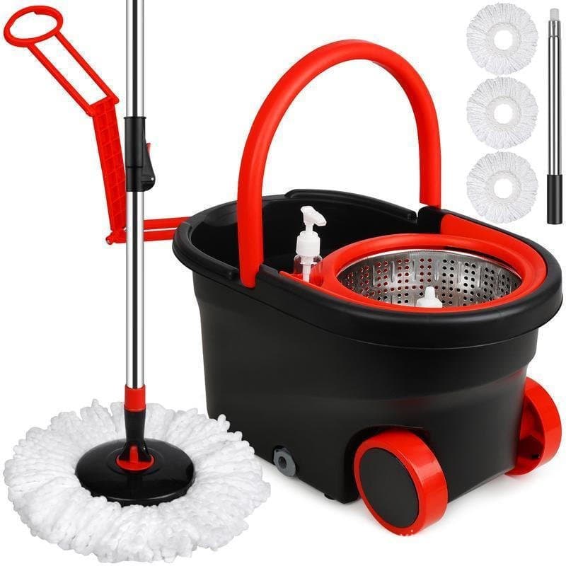 360 °           Sistema de balde com esfregona rotativa, equipado com 3 cabeças de esfregona de microfibra substituíveis