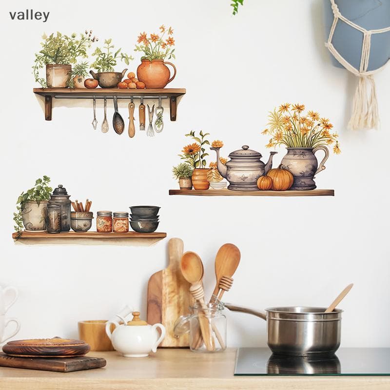 [VLY] Plantas Verdes Pintadas Flores Em Vasos Utensílios De Cozinha Embelezamento Para Casa Stiers De Parede [BR]