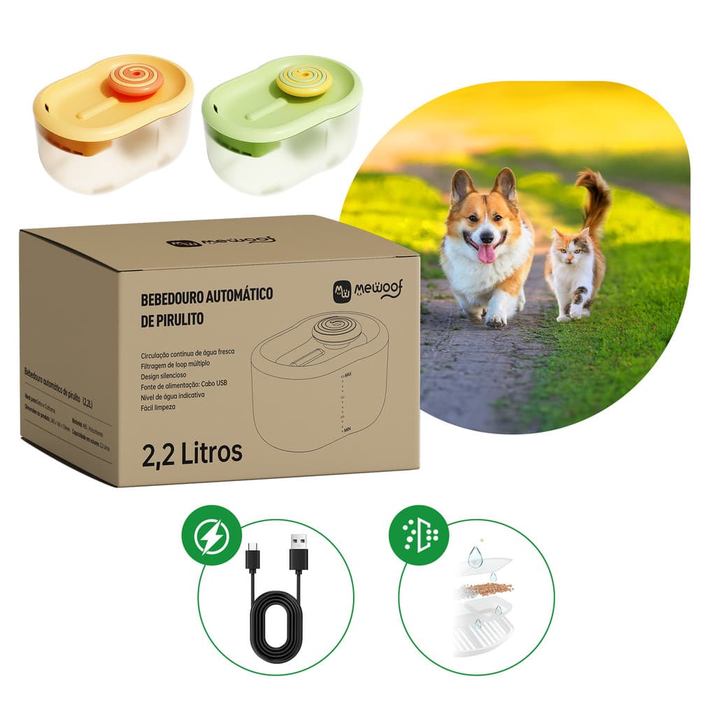 Bebedouro para Gatos Cachorros 2,2L Fonte de Água Filtro Cães Pet Elevado Automático Silencioso