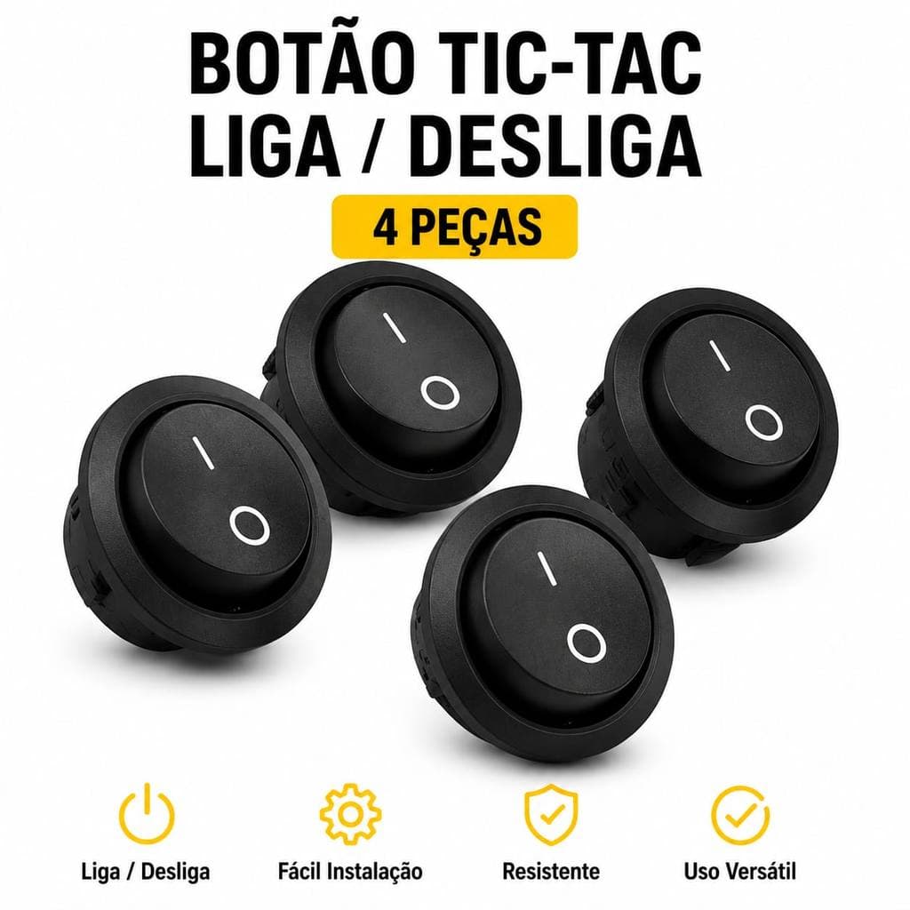 Kit 4 Botão Tic Tac Redondo Gangorra Interruptor 10a Chave Liga Desliga  Preto