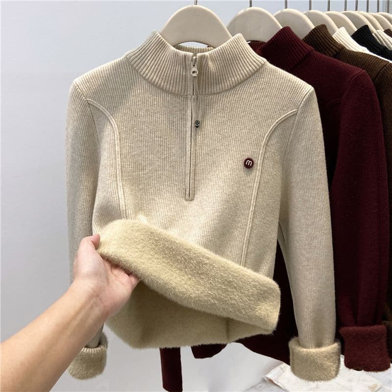 2026 Suéter de Gola Alta com Meio Zíper e Forro de Lã para Mulheres, Novo Estilo Outono/Inverno, Blusa de Tricô Forrada