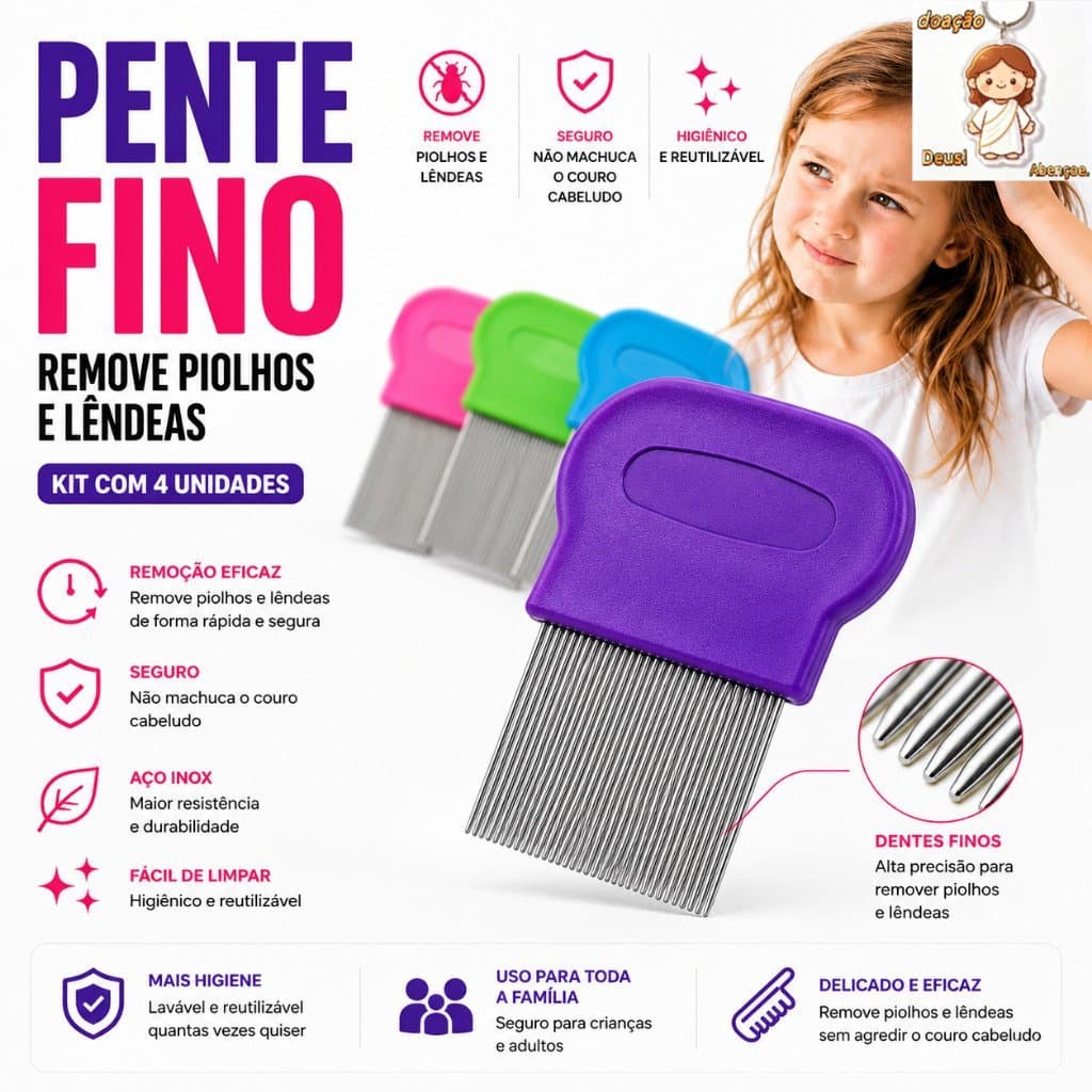 Pente Fino Extrator de Piolhos, Lêndeas, Pulgas Serve para Adulto, Crianças e Pets