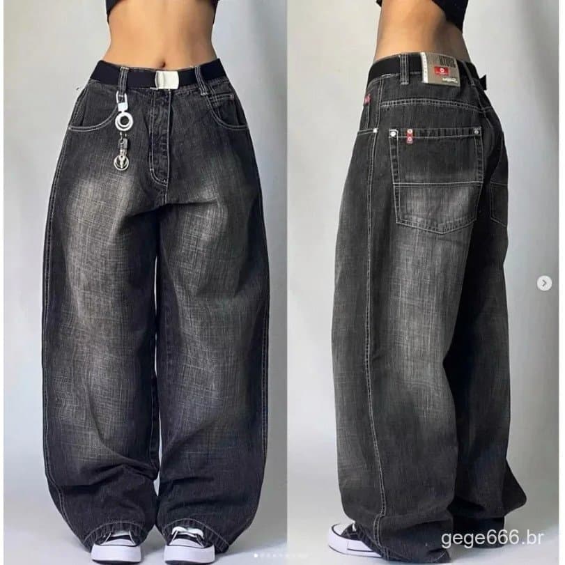 Calças Jeans de Perna Larga Y2K Femininas Vintage Pretas Góticas Hip Hop Street Skate Harajuku Novas 2025