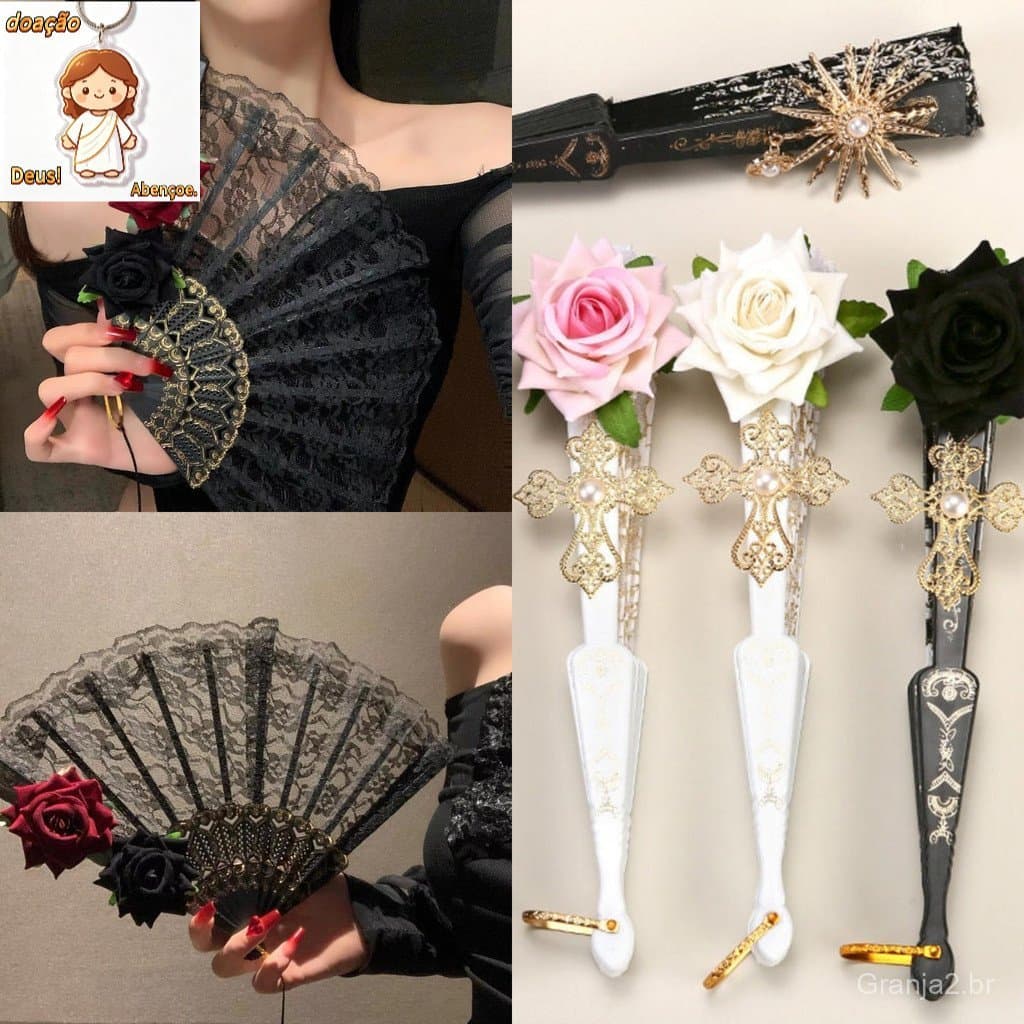 Leque De Mão Preto De Halloween Com Renda Rosa Portátil , Flor Retrô Vintage Espanhol Grande Dobrável Para Mulheres , Me