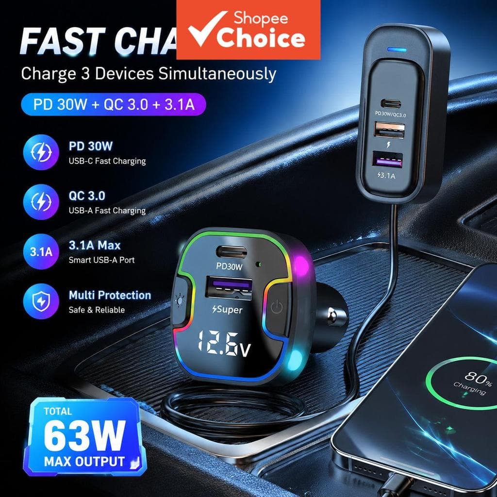 Carregador USB Rápido Para Carro , 5 Portas Com Cabo Traseiro , Adaptador Multidispositivo Telefones E Eletrônicos Em Ca