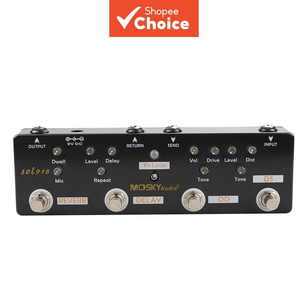 Pedal Multi-Efeitos MOSKY 5 em 1 para Guitarra – Distorção, Delay, Reverb, Overdrive com FX Loop, Carcaça Metálica,