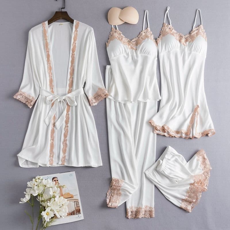 Pijama Feminino Plus Size de Cetim com Almofadas para o Peito, Conjunto de Cinco Peças, Dourado U5VU