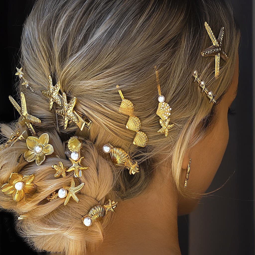 Grampo De Cabelo Dourado De Luxo Leve Estilo Ins , Flor De Liga De Zinco , Concha E Estrela Do Mar , Clipe Lateral Requi