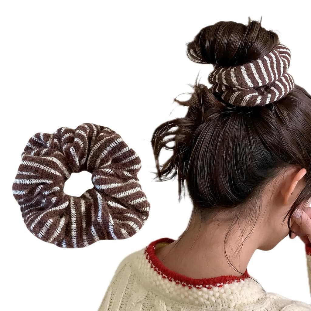Elástico de Cabelo de Pelúcia Listrado Estilo Coreano para Mulheres – Laço de Cabelo Macio e Fofo, Acessório de Cabelo p