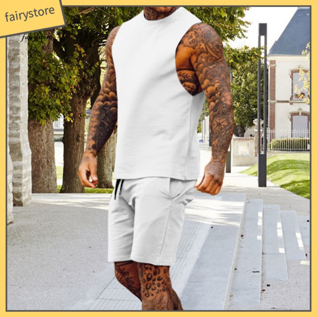 Men Workout Ensemble Vest Shorts Set Men's 2-piece Sports Sleeveless Tank Top Drawstring Waist Casual Gym Outfit Solid C