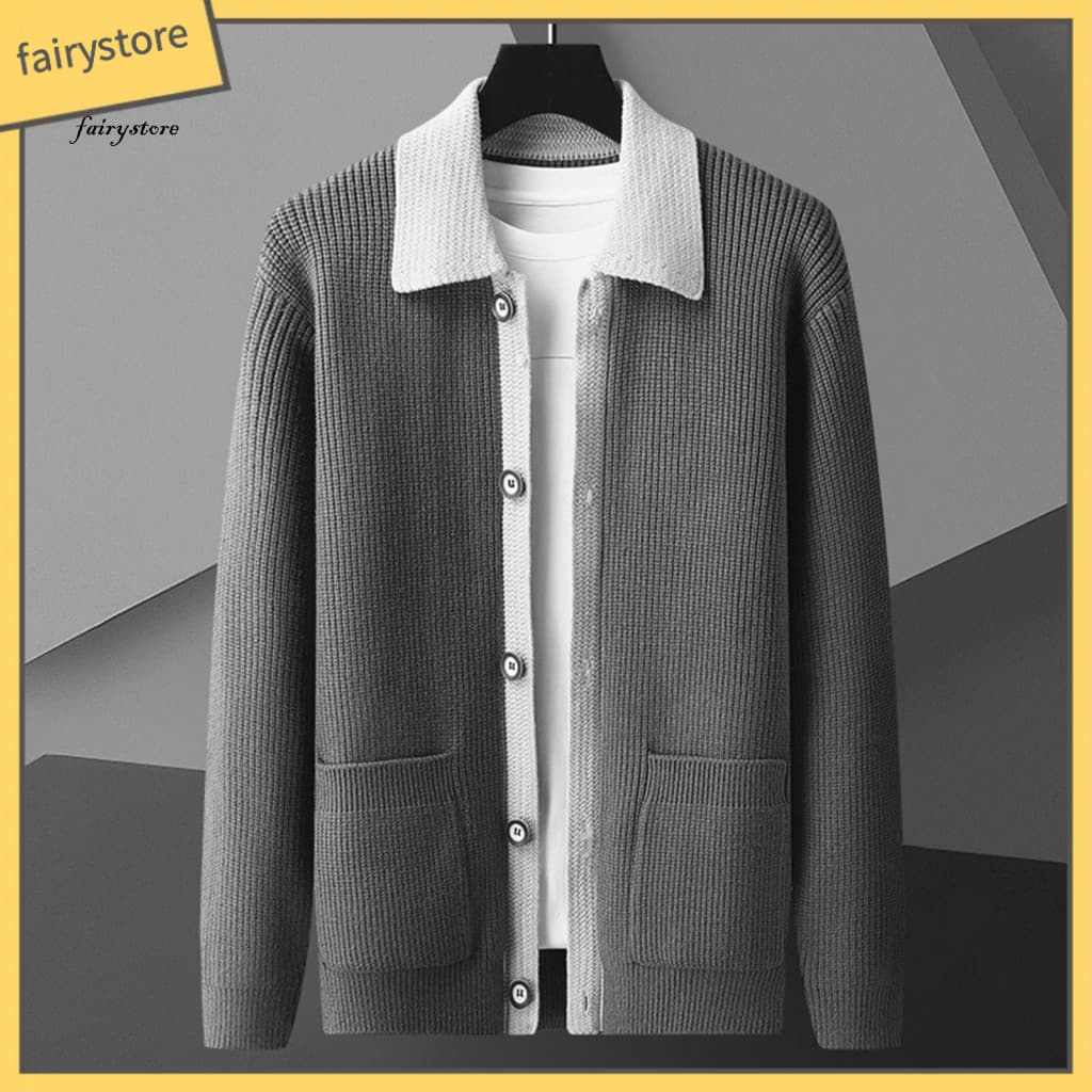 Color-blocked Sweater Business Casual Men's Thick Knitted Coat Colorblock Button Closure Turn-down Collar Loose Fit Card
