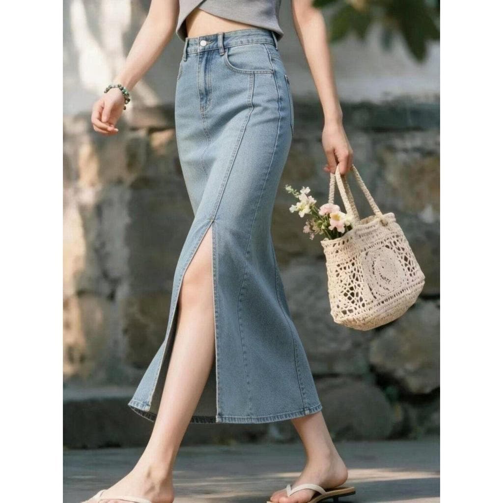 [Seckill por tempo limitado] Produzido versão coreana verão novo estilo Design estilo Commuter saia jeans azul claro rou