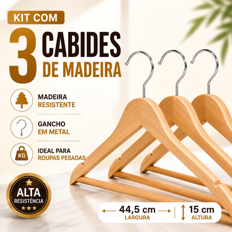 Kit 3 Cabides de Madeira Reforçados Gancho Metálico Resistente para Roupas Pesadas |FEN5500| Promoção