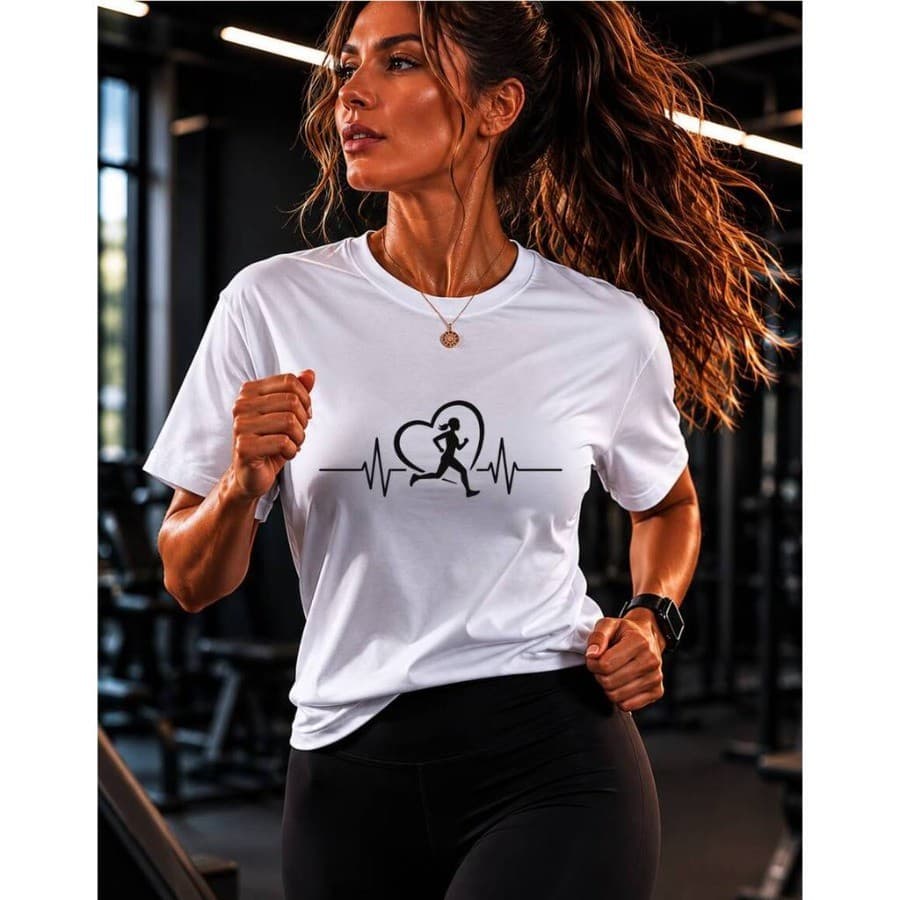 Camiseta Feminina  Corrida Fitness Running Camisa Estampa Batimento Cardíaco Blusa Casual Academia Gym 100% Algodão
