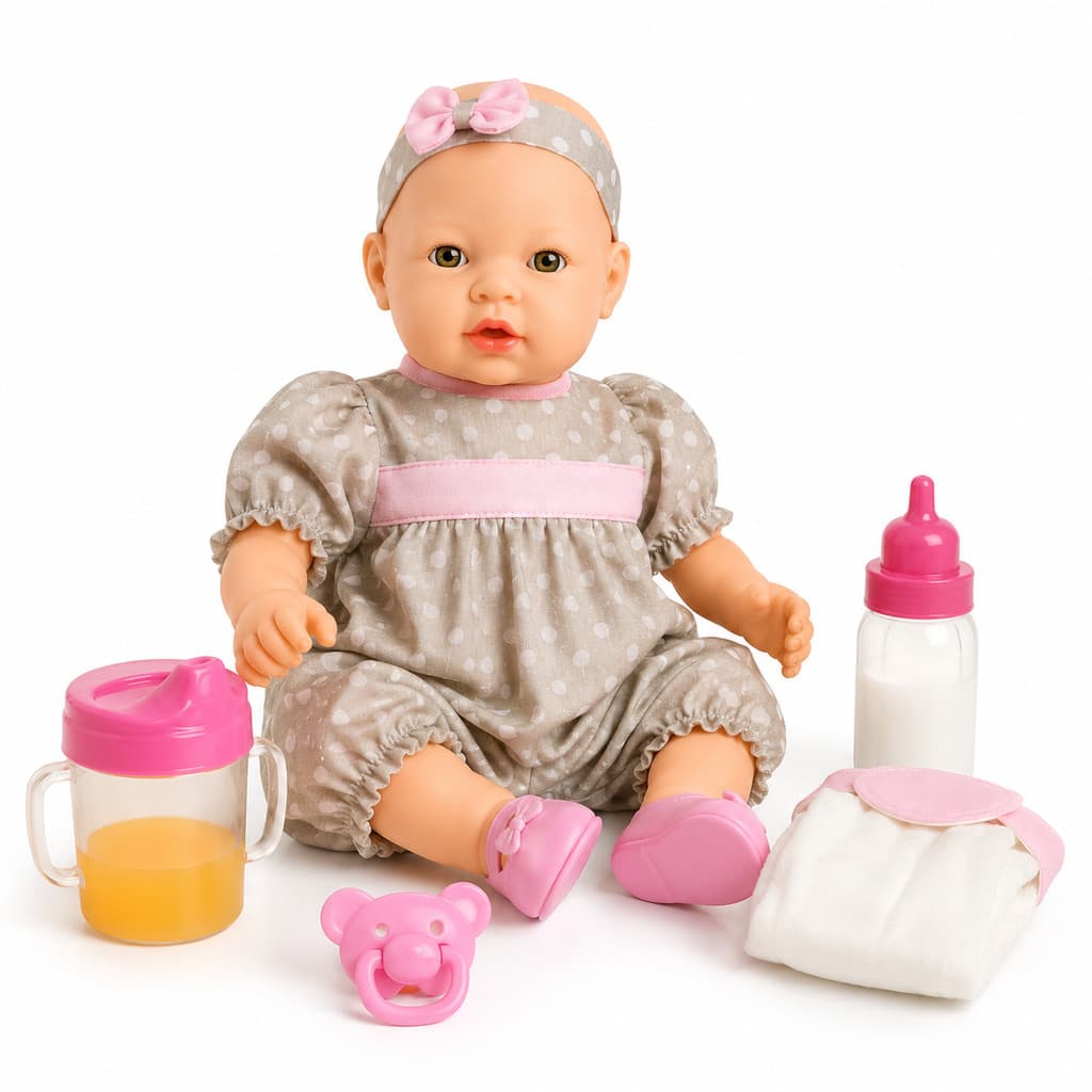 Boneca Claire Roma 42cm Vinil com Mamadeira e Acessórios