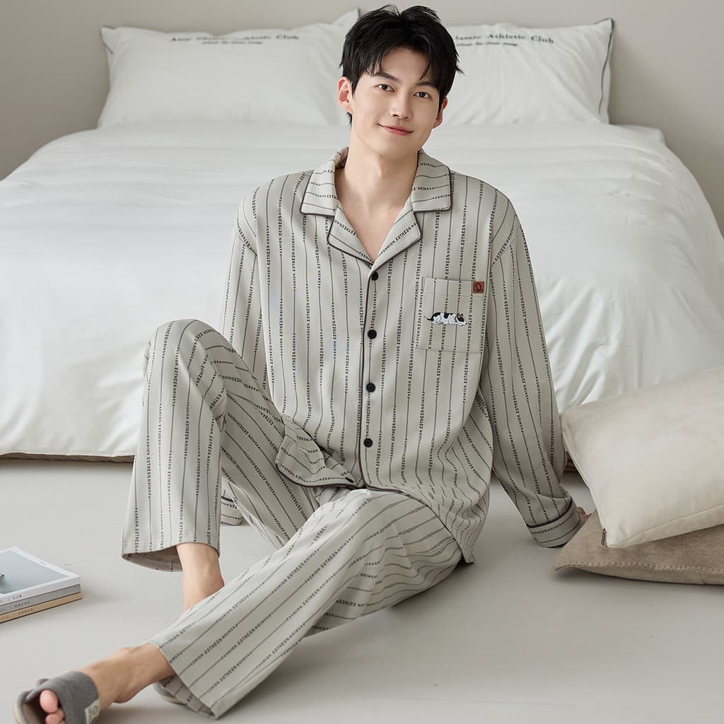 Pijamas de algodão puro primavera outono masculino manga comprida outono inverno estilo 2026 novo estilo masculino mais