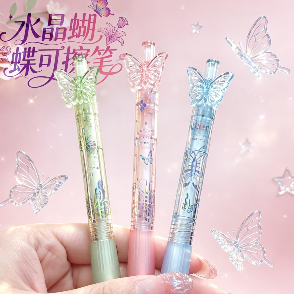 Caneta borboleta de cristal de alto valor, caneta Gel apagável quente estilo Ins, caneta de imprensa, menina, coração, c