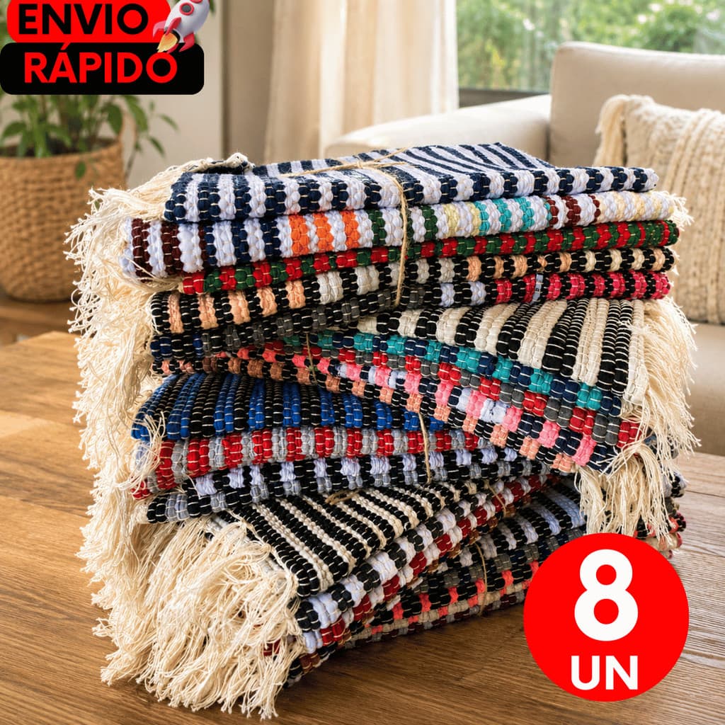 Kit 8 UN Tapetes Decorativo Artesanal em Tiras de Malha com Franjas – Ideal para Cozinha, Entrada, Quarto e Sala Moderna