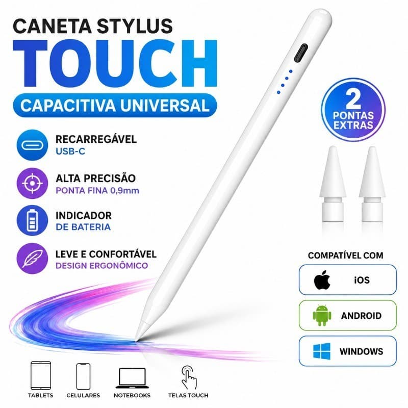 Caneta Stylus Capacitiva Universal para Tablet e Celular, Ponta Fina, 2 Pontas Extras, iOS