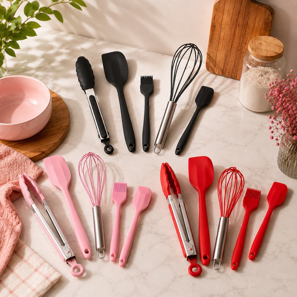 Kit 5 Utensílios de Cozinha Silicone Pincel Pegador Batedor Fouet Espátulas Antiaderente Resistente