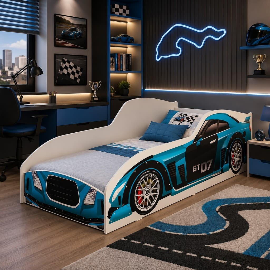 Cama Juvenil Montessoriana Carro Formula 1 Azul Sem Colchão Segurança Conforto e Diversão para o Quarto Da Criança