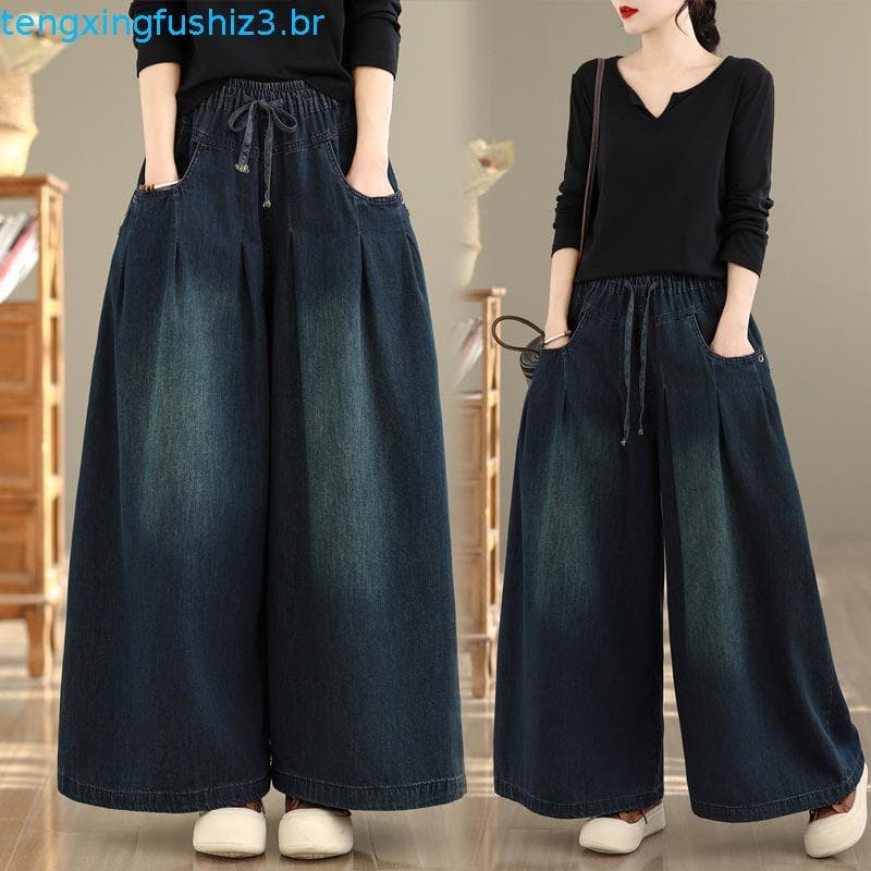 Literário Retro tamanho grande gordura mm Denim calças de perna larga saia feminina primavera cintura elástica cobrindo