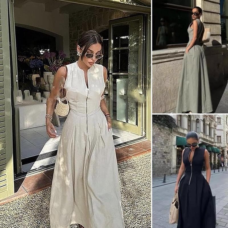 Mulheres Sem Mangas Gola Frontal Zip Maxi Vestido Plissado Cintura Bolso Elegante Casual