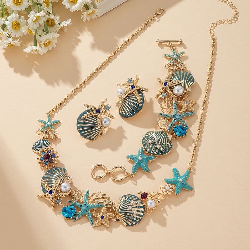 Seaside praia estilo liga strass oceano estrela do mar Coral adequado para senhoras concha piscando colar de diamante