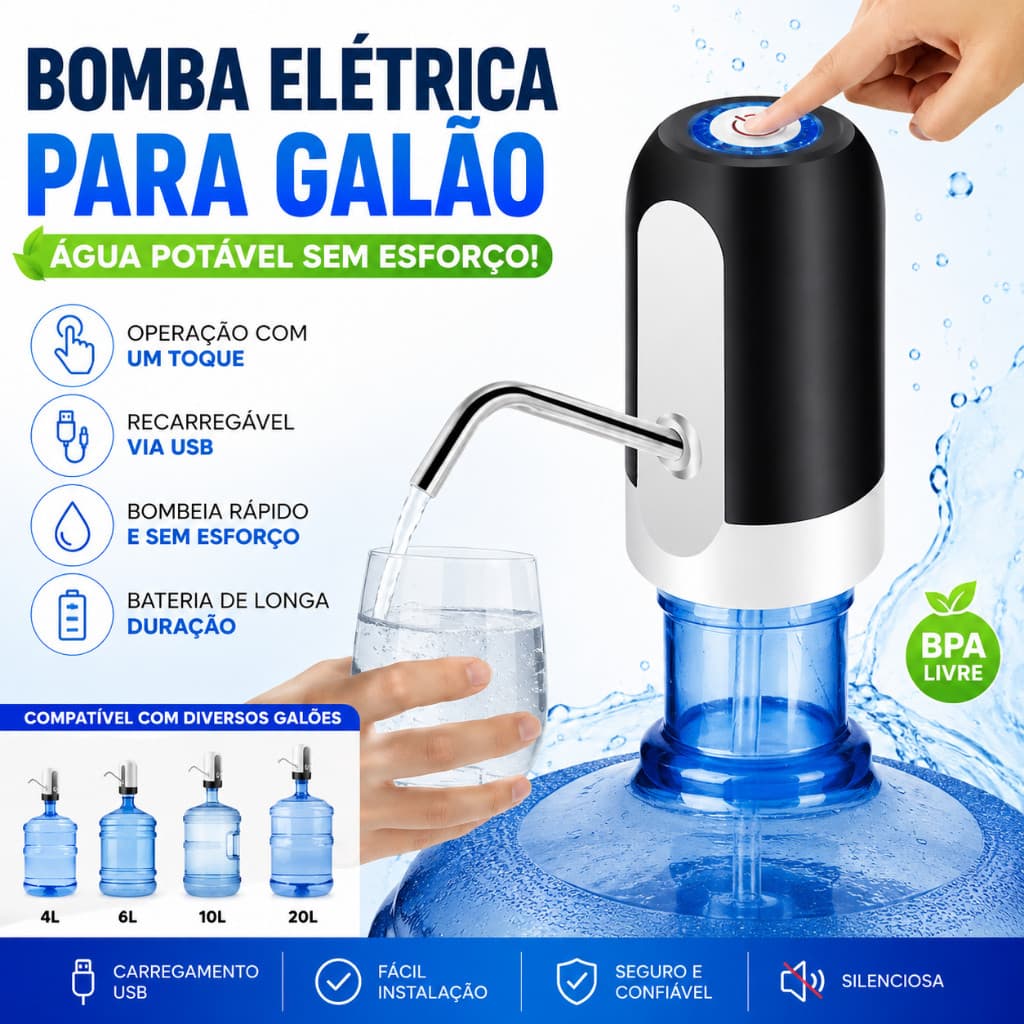 Bomba Elétrica para Galão de Água Recarregável USB Automática Portátil para Garrafão 5L 10L 20L