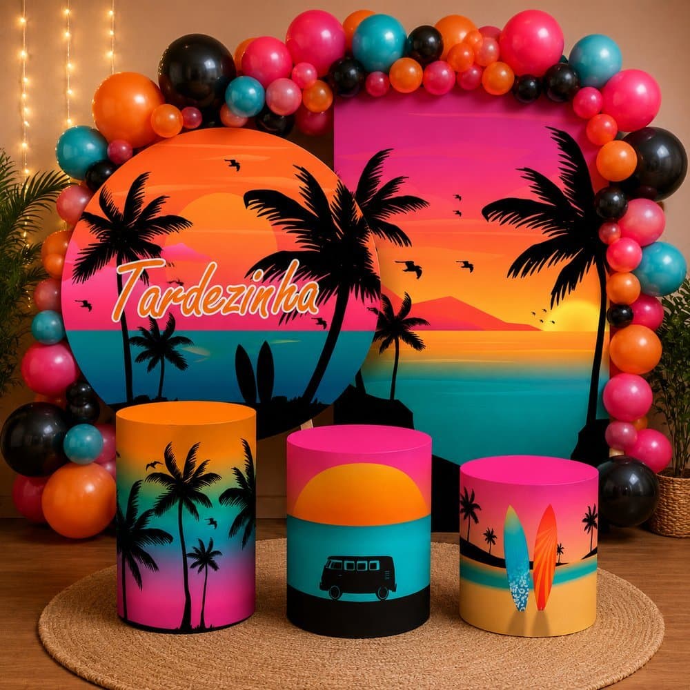Kit Festa Por do Sol Sunset Painel Redondo e Retangular + Trio Capas de Cilindro Tema Tardezinha