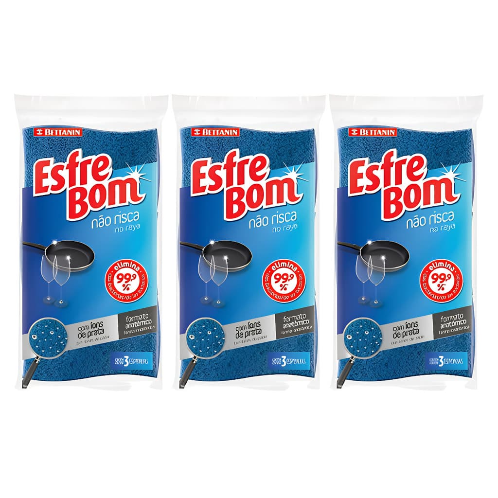 Esponja Não Risca Azul Bettanin EsfreBom com Íons de Prata Kit 9 Unidades Formato Anatômico