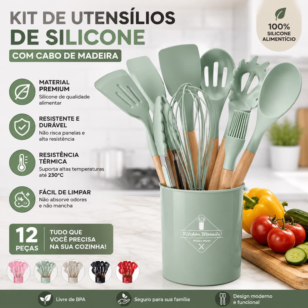 Kit Utensílios de Cozinha em Silicone 12/19 Peças com Cabo de Madeira Silicone Alimentício Antiaderente