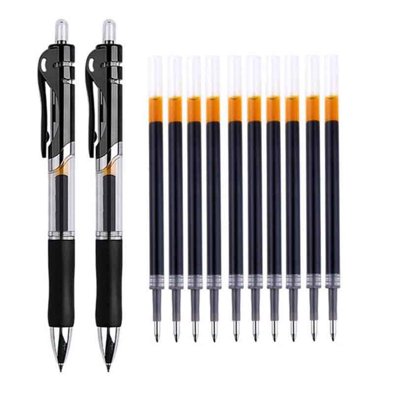 2 canetas + 10 refis! Conjunto de canetas gel retráteis de grande capacidade de 0,5 mm