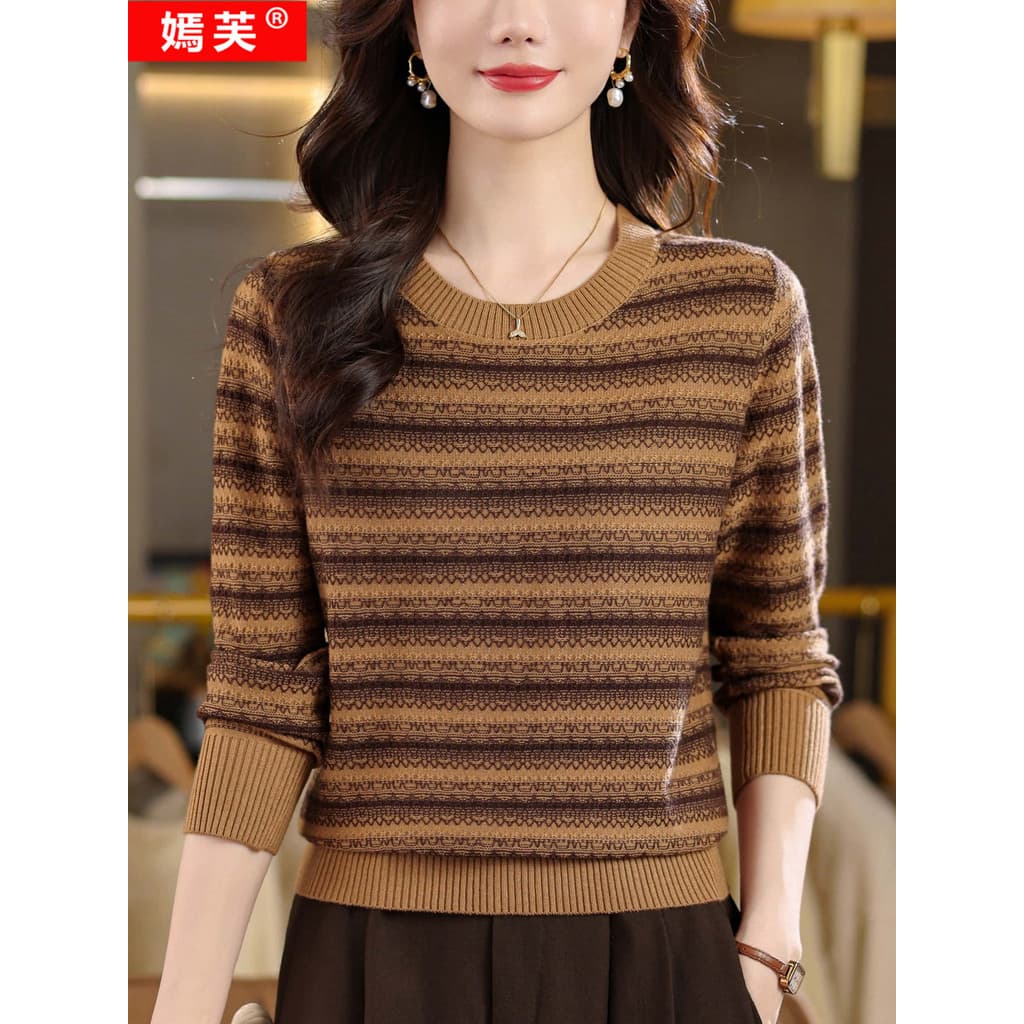 K malhas femininas High-End camisola primavera outono novo estilo em torno do pescoço listrado camisola moda solta camis