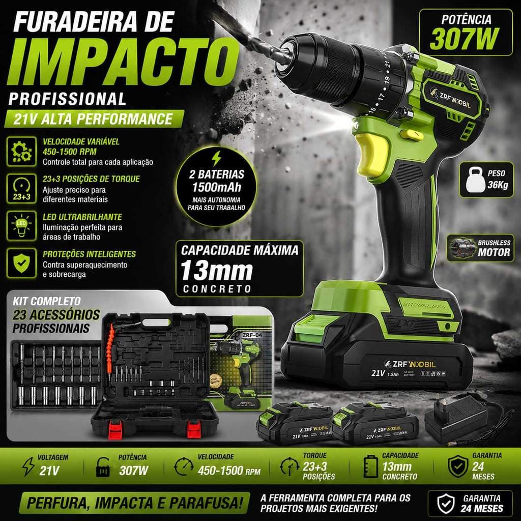 Furadeira de Impacto 21V Sem Fio 2 Baterias | 23+3 Ajustes de Torque | Kit Completo com Maleta
