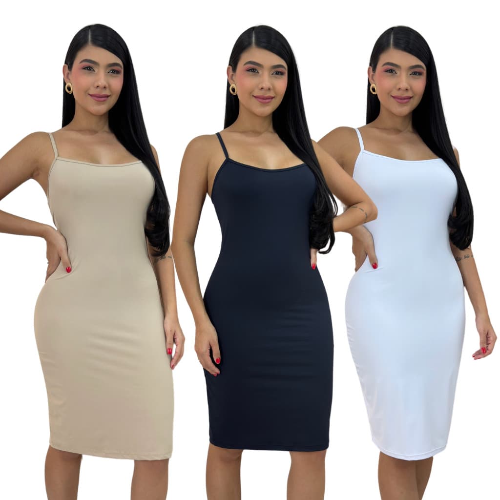 Vestido Segunda Pele Anagua Midi Vestido Tubinho Preto , Branco e Bege