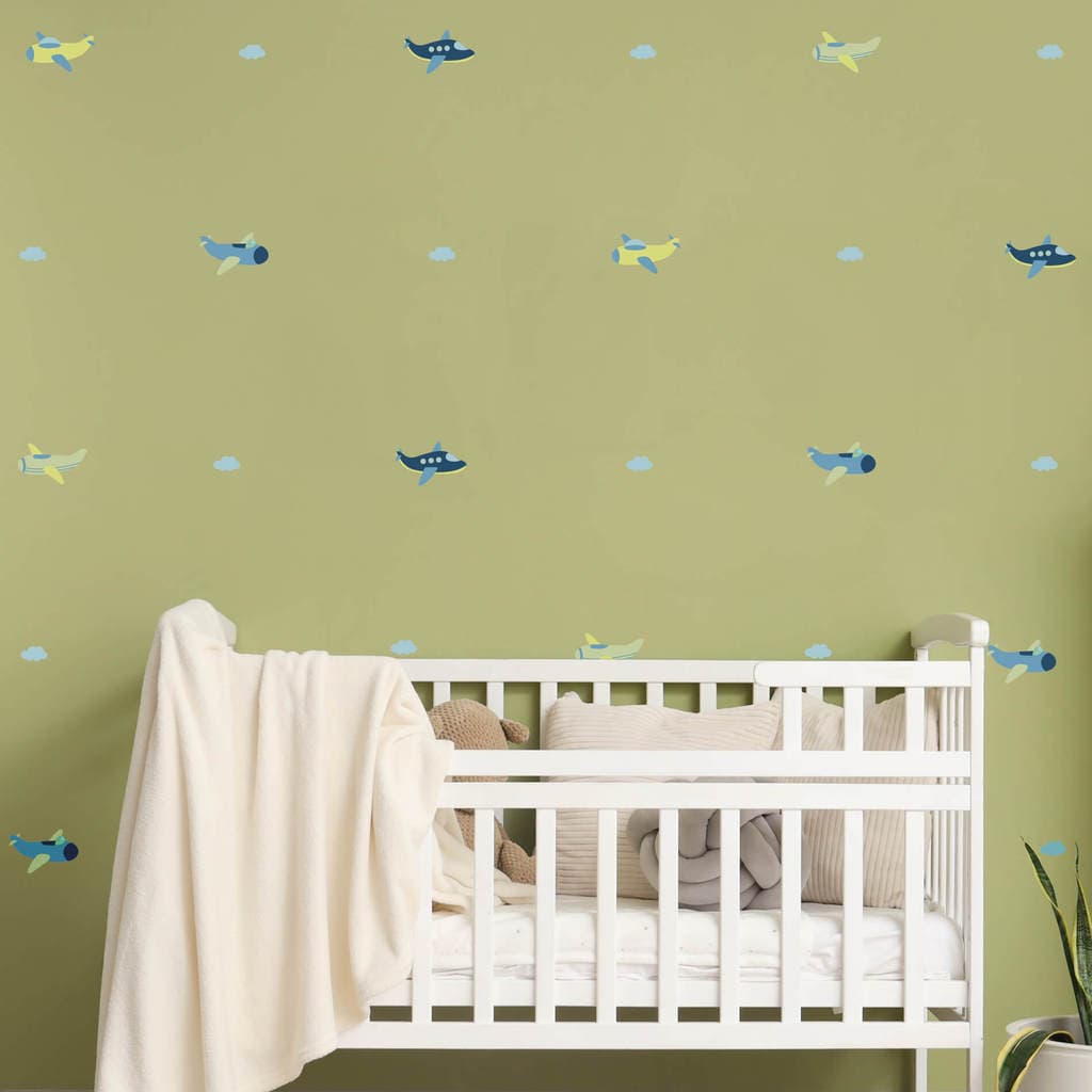Adesivo de Parede Infantil Aviões e Nuvens Azul e Verde