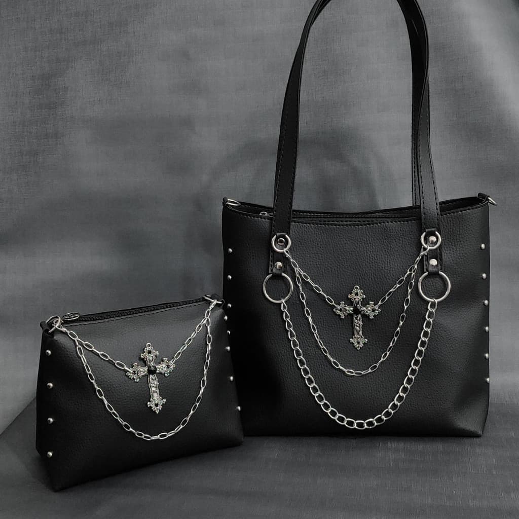 Kit 2 Bolsas Tote e Tiracolo Crucifixo com Correntes Spikes Personalizável Gótico Dark