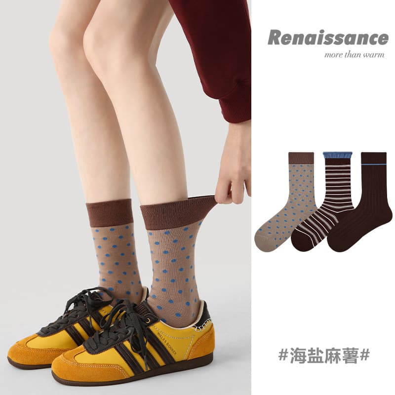 Renaissance 3 pares meias femininas originais novo estilo cor combinando listrado rendas princesa meias bolinhas meados