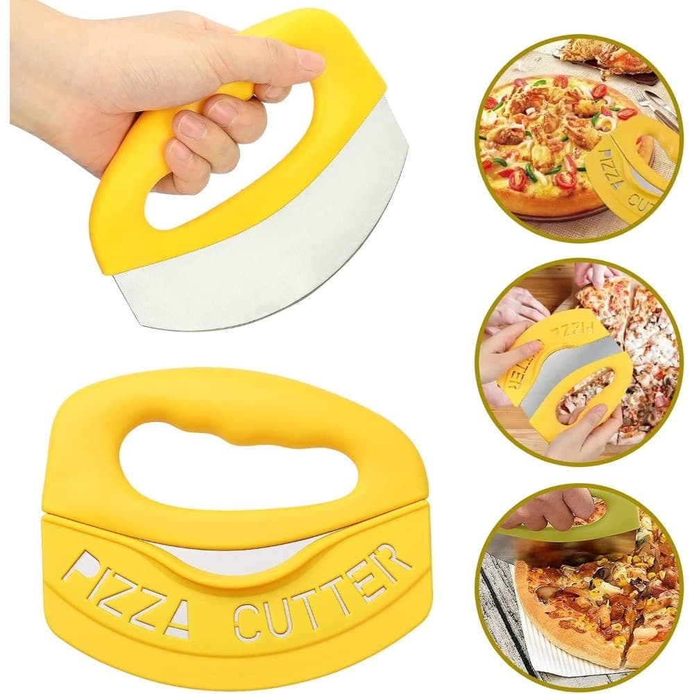 Cortador De Pizza Rocker Lâmina De Aço Inoxidável Picador De Alimentos Afiado Com Capa Protetora Para Salada Vegetal