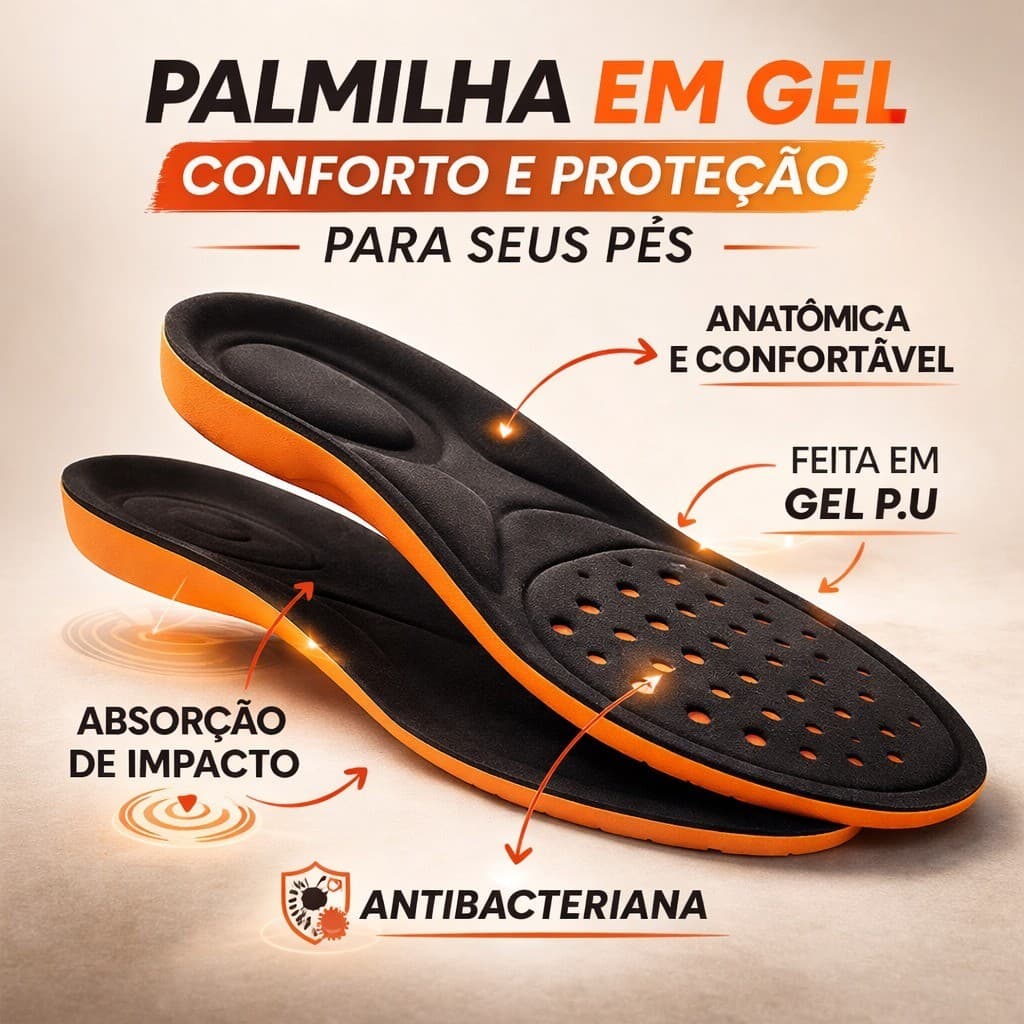 Palmilha Gel Ortopédica PU Anatômica Anti Imacto Macia Confortável