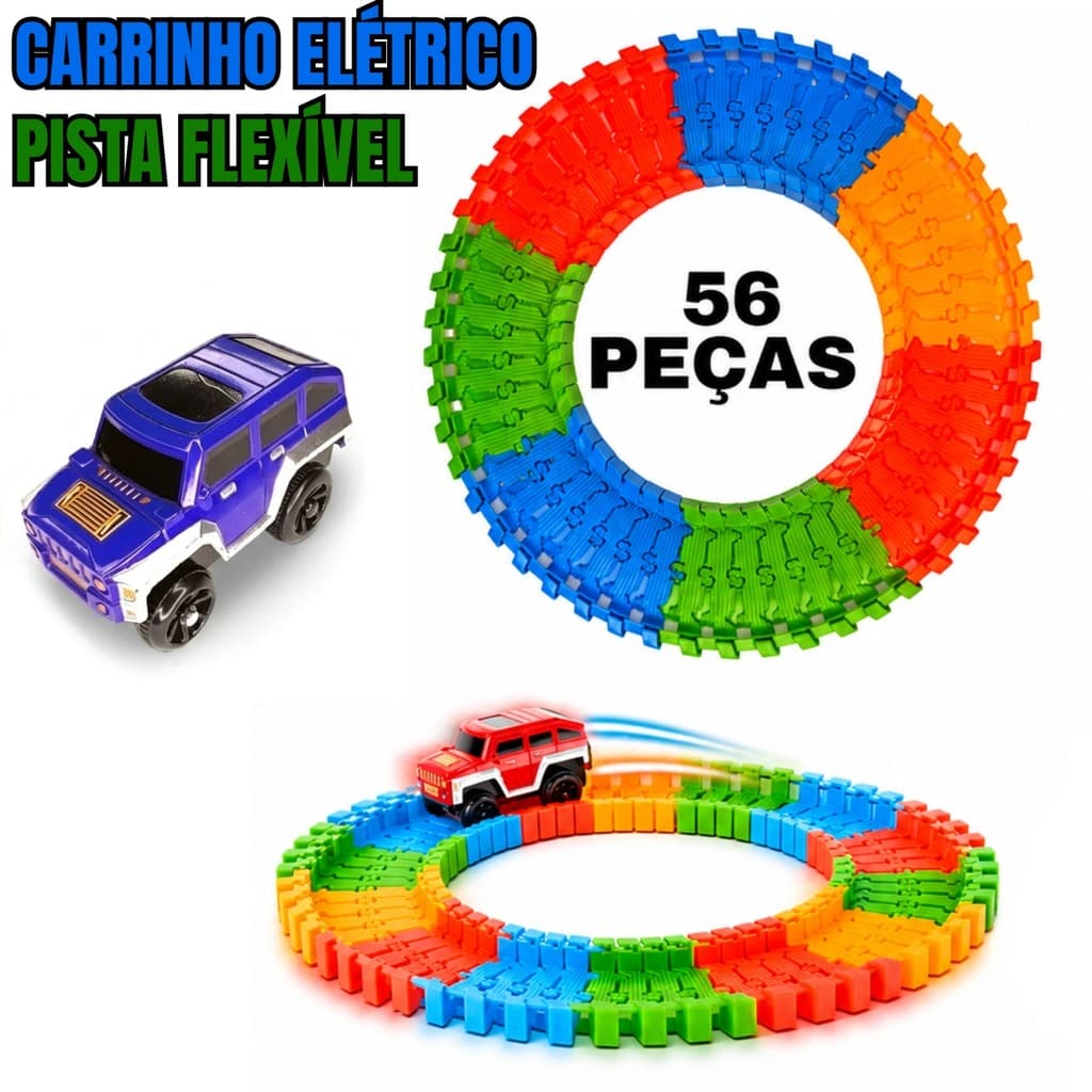 Kit Pista Mágica Flexível 56 Peças com Carrinho Elétrico Infantil