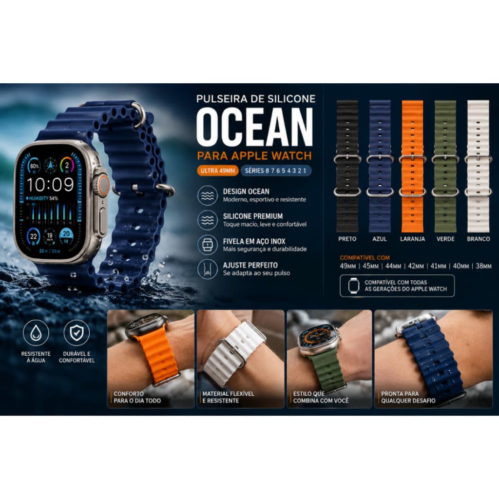 Pulseira De Silicone Oceânica Para Relógio Apple Ultra 49mm Série 8 7 6 5 4 3 2 1 iWatch 45mm 41mm 44mm 40mm 42mm 38mm