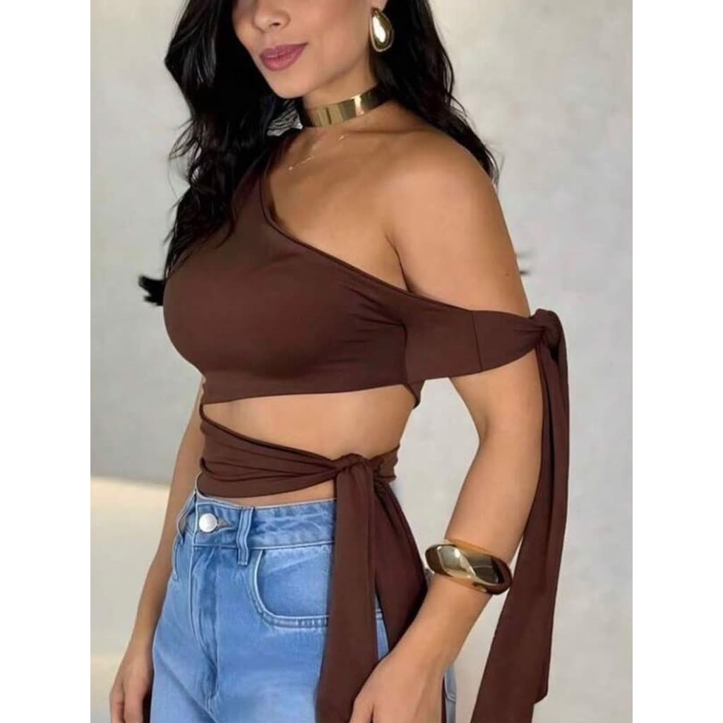 Top Feminino Um Ombro Só Transpassado Amarração Elegante