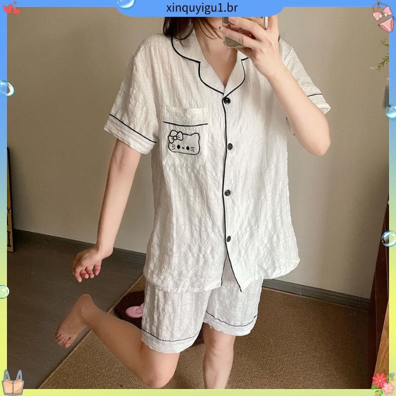 Kitty gato pijamas feminino verão novo estilo estilo fino ins estilo Shorts de manga curta terno solto Loungewear pode u