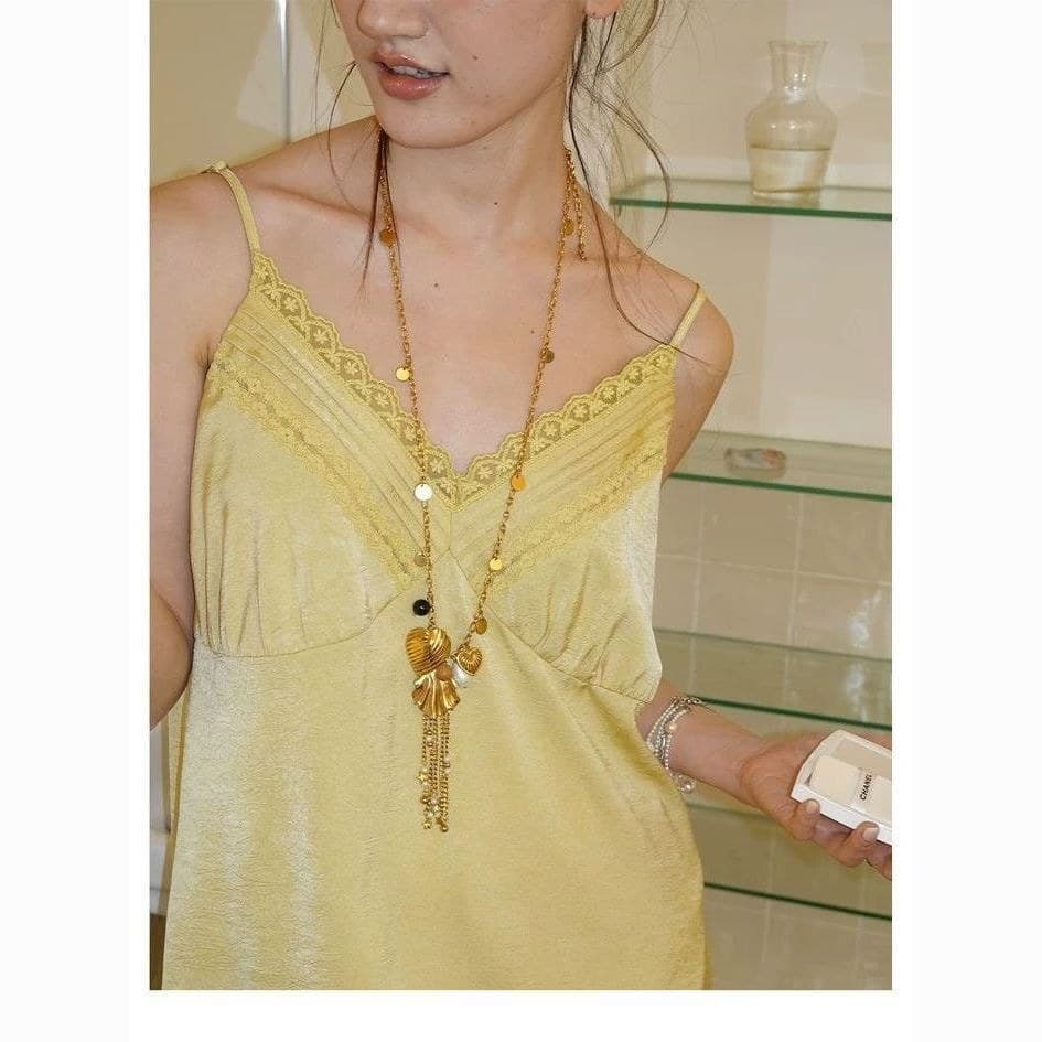 < Wishing Meteor > Corrente de suéter com colar longo e coração dourado 7.26