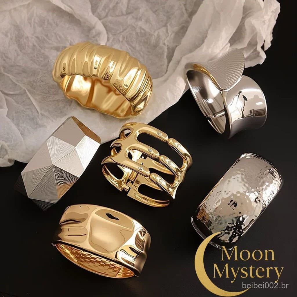 Pulseira Feminina Dourada – Bracelete Aberto Largo Geométrico Irregular, Joia Moderna e Elegante