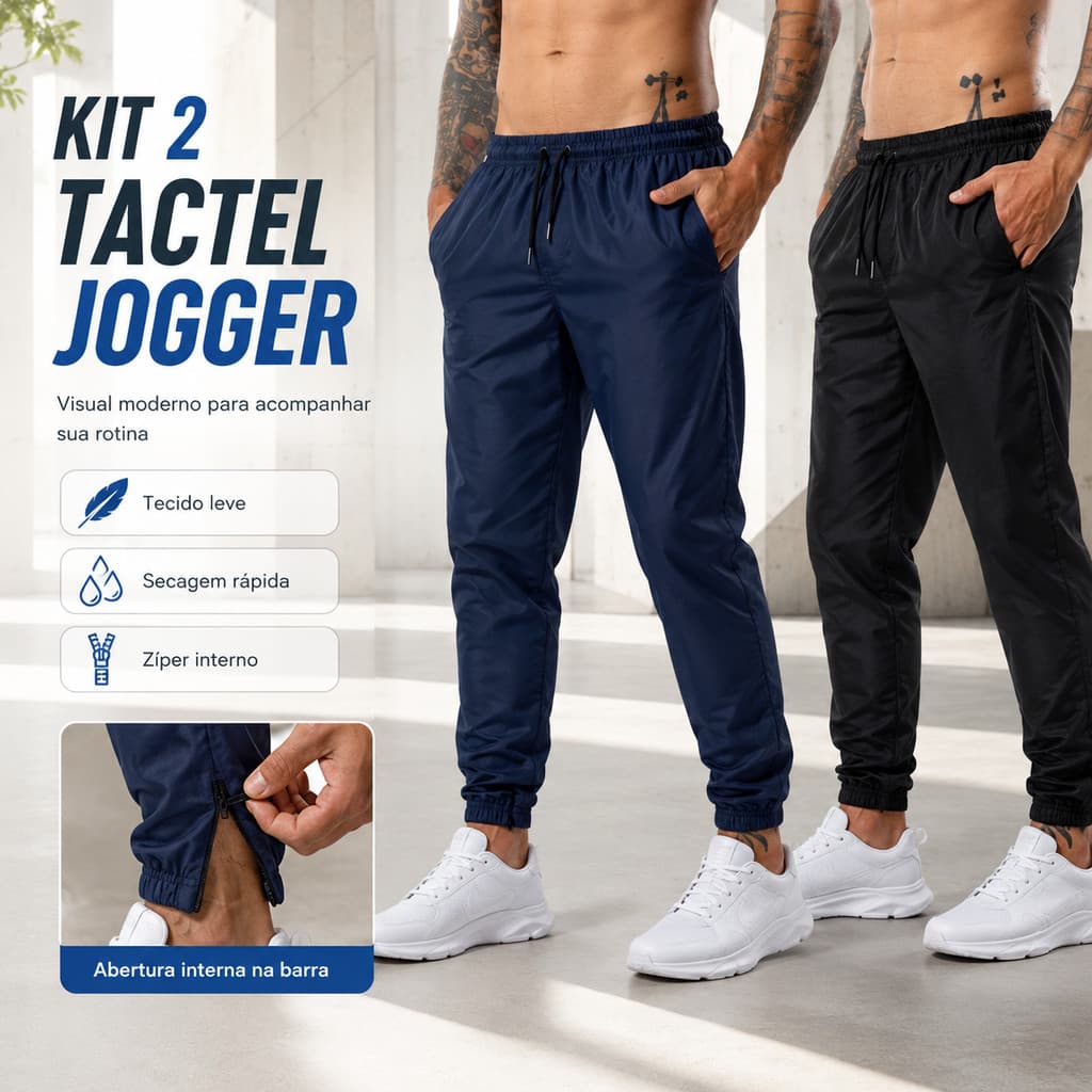 Kit 2 Calça Masculina Jogger Tactel Esportiva Com Elastano Bolso Lateral E Zíper Na Barra