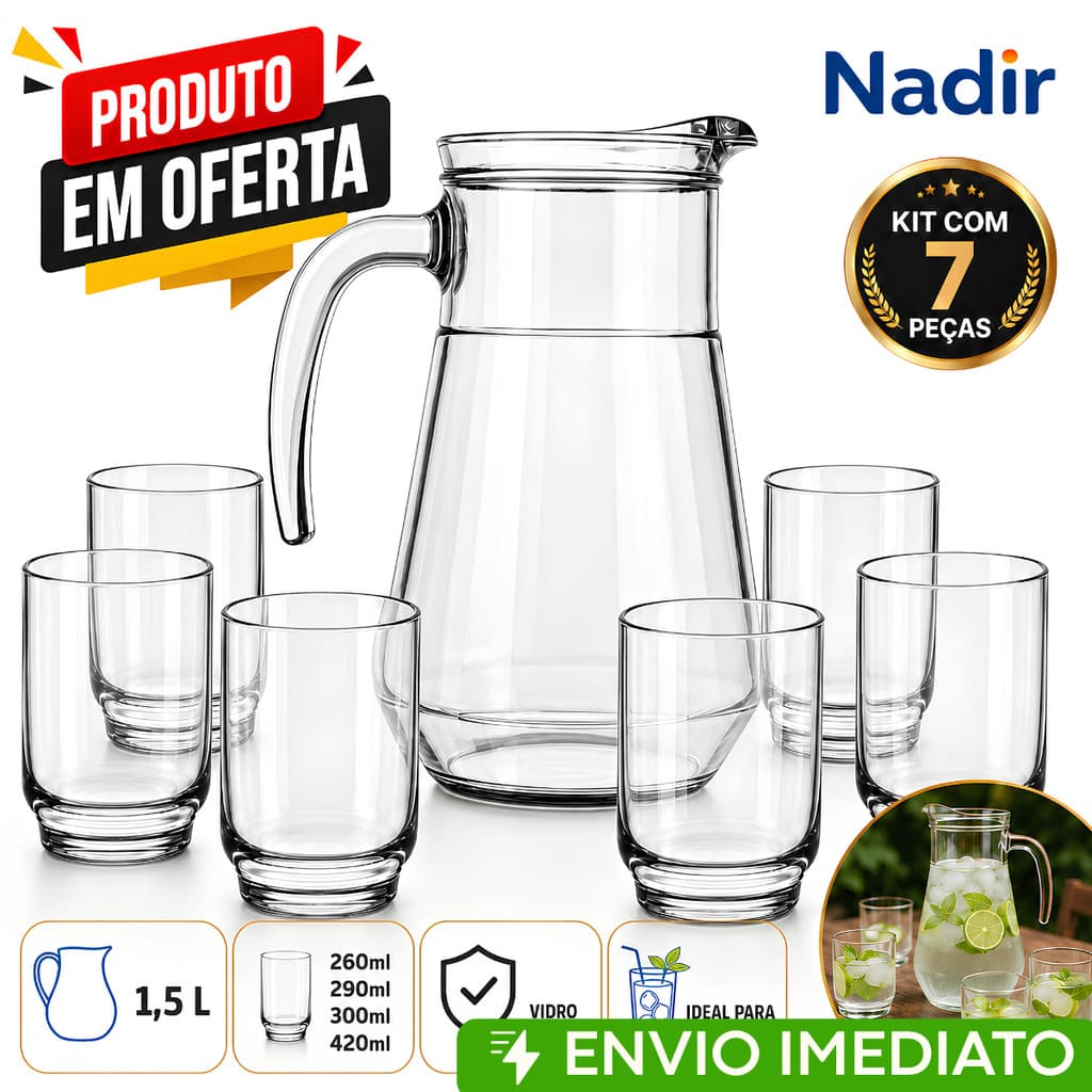 Kit 1 Jarra de Suco Sempre Bar + 6 Copos Long Drink Lights 260ml/290ml/300ml/420ml